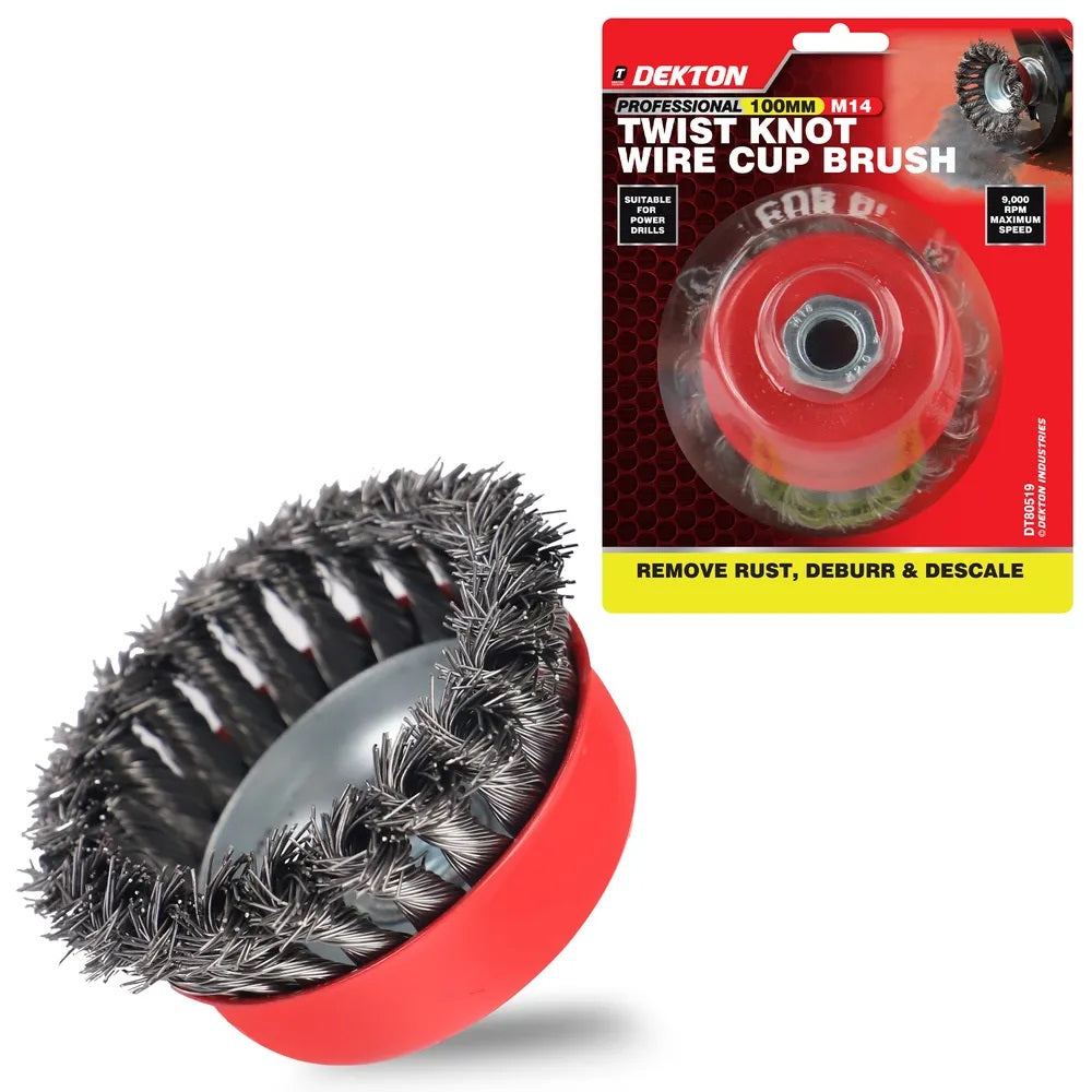 Dekton Professional Twist Knot Wire Cup Brush M14 Red 100mm DT80519 | Heavy Duty Steel Wire Brush | For Angle Grinder | Rust Paint Removal | Deburr | Descaling Tool | Maximum 8500 RPM Speed | For Prepairing Welding Seams | Metal Fabrication Tool | Abrasive Brush Tool | Power Tool Accessories