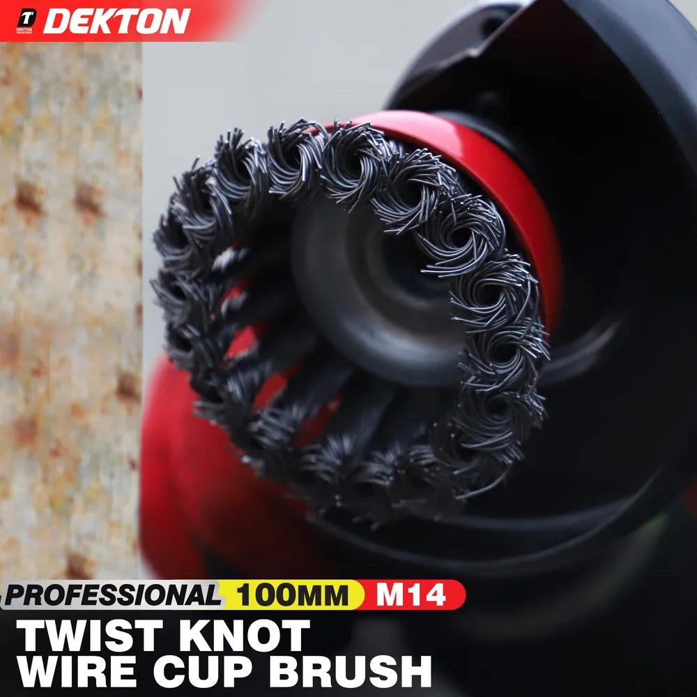 Dekton Professional Twist Knot Wire Cup Brush M14 Red 100mm DT80519 | Heavy Duty Steel Wire Brush | For Angle Grinder | Rust Paint Removal | Deburr | Descaling Tool | Maximum 8500 RPM Speed | For Prepairing Welding Seams | Metal Fabrication Tool