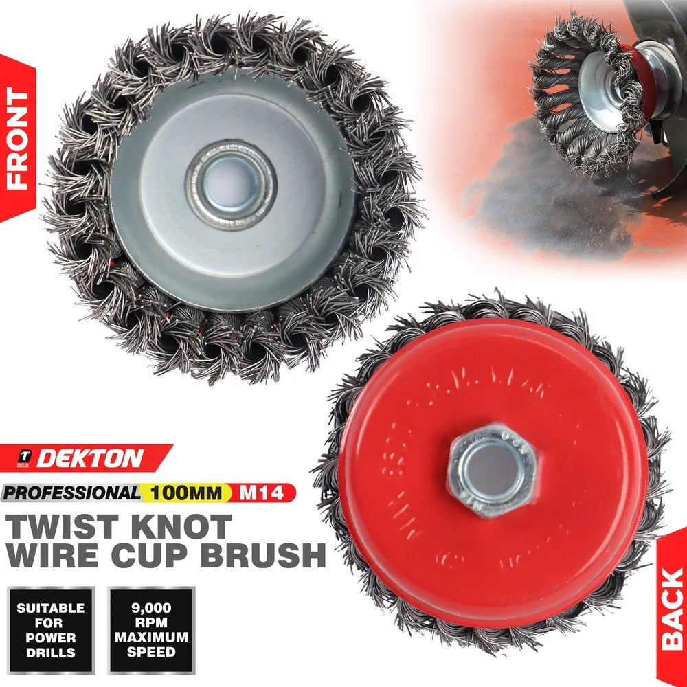 Dekton Professional Twist Knot Wire Cup Brush M14 Red 100mm DT80519 | Heavy Duty Steel Wire Brush | For Angle Grinder | Rust Paint Removal | Deburr | Descaling Tool | Maximum 8500 RPM Speed | For Prepairing Welding Seams | Metal Fabrication Tool