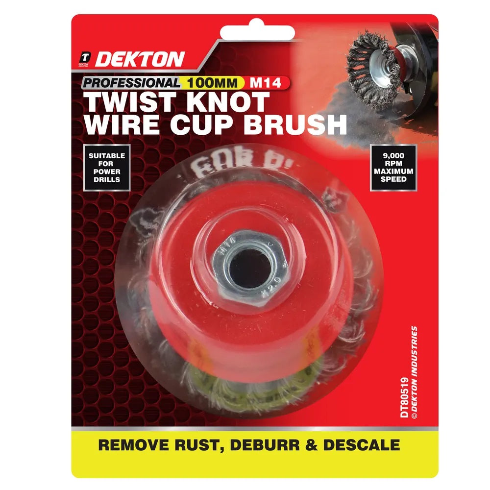 Dekton Professional Twist Knot Wire Cup Brush M14 Red 100mm DT80519 | Heavy Duty Steel Wire Brush | For Angle Grinder | Rust Paint Removal | Deburr | Descaling Tool | Maximum 8500 RPM Speed | For Prepairing Welding Seams | Metal Fabrication Tool