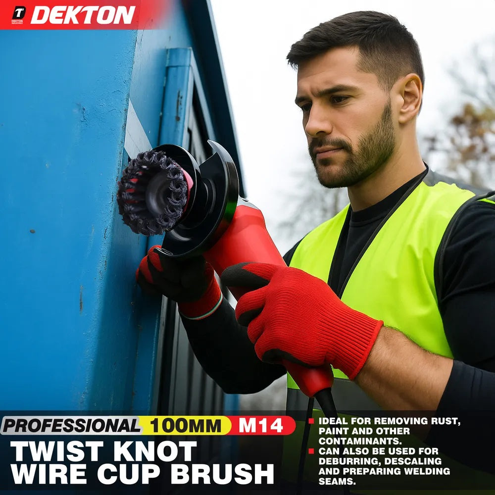 Dekton Professional Twist Knot Wire Cup Brush M14 Red 100mm DT80519 | Heavy Duty Steel Wire Brush | For Angle Grinder | Rust Paint Removal | Deburr | Descaling Tool | Maximum 8500 RPM Speed | For Prepairing Welding Seams | Metal Fabrication Tool