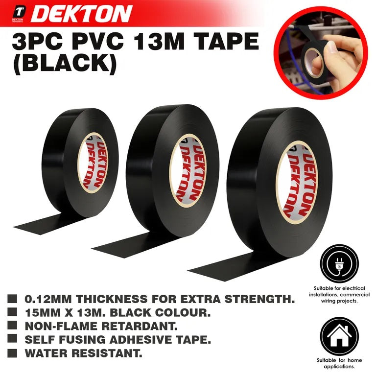 Dekton Extra Strength PVC Tape Black 13Mtr x 15mm Pack of 3 DT90859 | 0.12mm Thickness | Water Resistant | For Electrical Repairs | Self Fusing Adhesive Tape | Electrical Insulation Tape | Cable Protection Tape | DIY Electrical Tape | Multi Purpose Tape