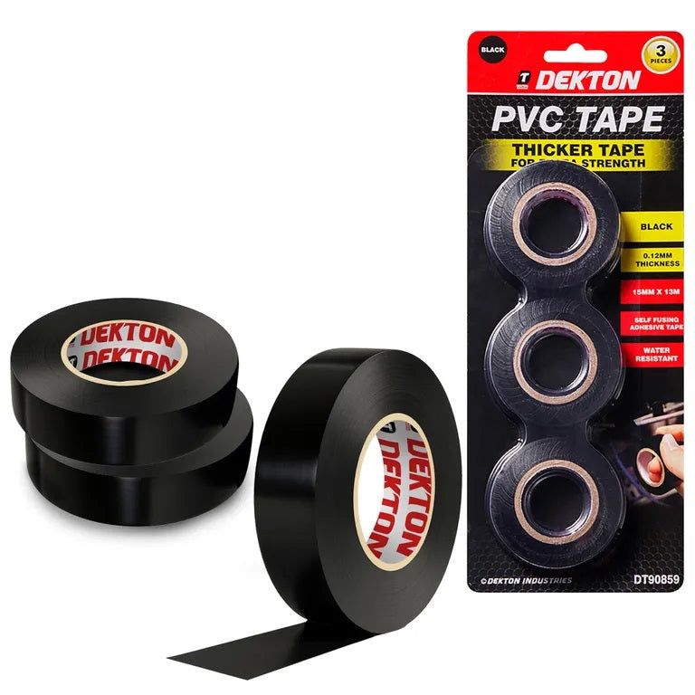 Dekton Extra Strength PVC Tape Black 13Mtr x 15mm Pack of 3 DT90859 | 0.12mm Thickness | Water Resistant | For Electrical Repairs | Self Fusing Adhesive Tape | Electrical Insulation Tape | Cable Protection Tape | DIY Electrical Tape | Multi Purpose Tape
