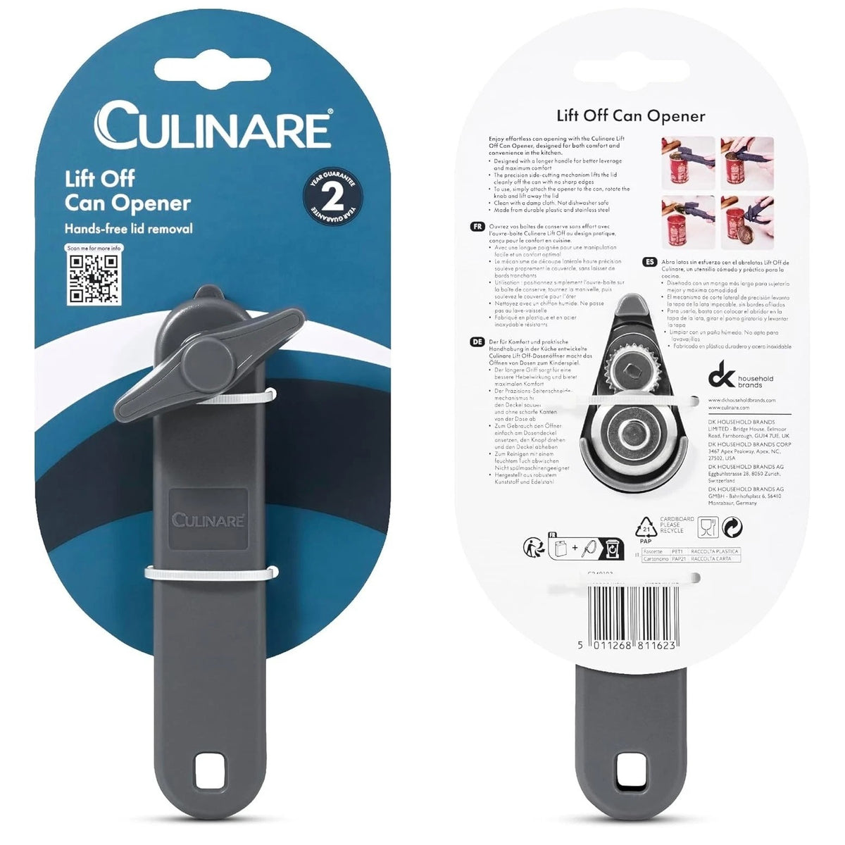 Culinare Lift Off Can Opener Grey C240103 | Hands Free Lid Removal | Precision Side Cutting Mechanism | Made From Durable Plastic and Stainless Steel