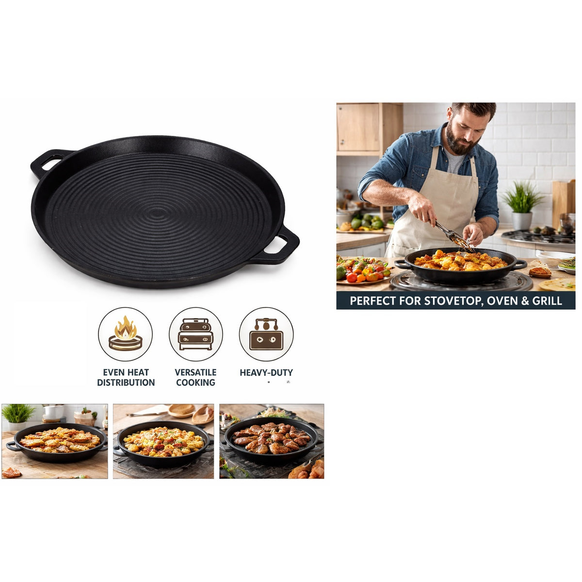 BBQ Grill Style Non-Stick Grilling Cast Iron Pan with Handles Black 40.5cm x 34cm x 3.1cm C85000350 | Heavy Duty Cooking Pan | Heat Resistant | BBQ Pan | Round Grill Pan | Cooking Pan | Multi Purpose Pan | Frying Pan | Kitchen Essentials | Home Cooking Tool