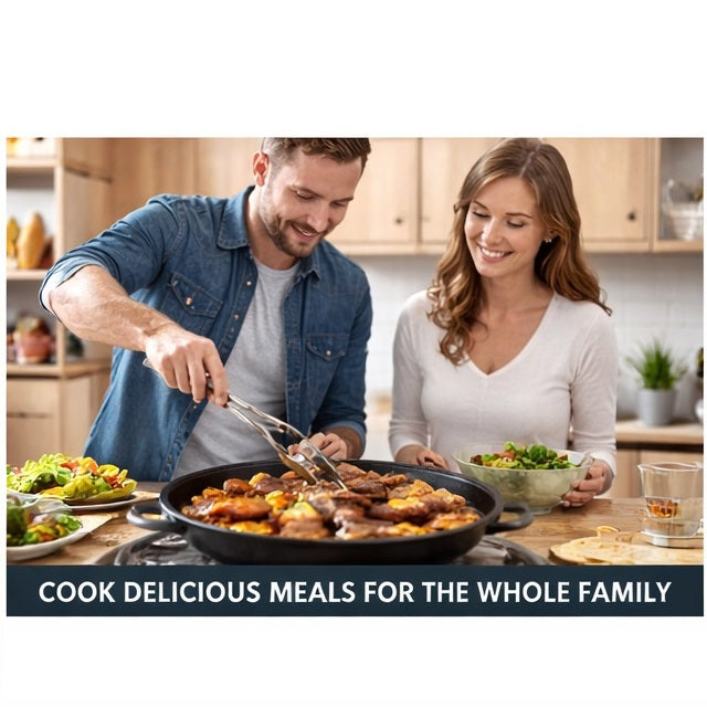 BBQ Grill Style Non-Stick Grilling Cast Iron Pan with Handles Black 40.5cm x 34cm x 3.1cm C85000350 | Heavy Duty Cooking Pan | Heat Resistant | BBQ Pan | Round Grill Pan | Cooking Pan | Multi Purpose Pan | Frying Pan | Kitchen Essentials | Home Cooking