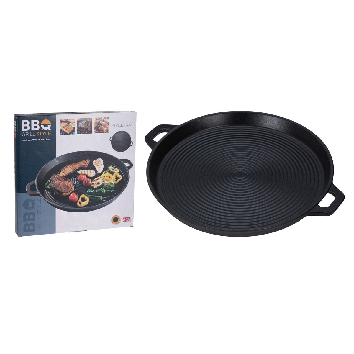 BBQ Grill Style Non-Stick Grilling Cast Iron Pan with Handles Black 40.5cm x 34cm x 3.1cm C85000350 | Heavy Duty Cooking Pan | Heat Resistant | BBQ Pan | Round Grill Pan | Cooking Pan | Multi Purpose Pan | Frying Pan | Kitchen Essentials | Home Cooking