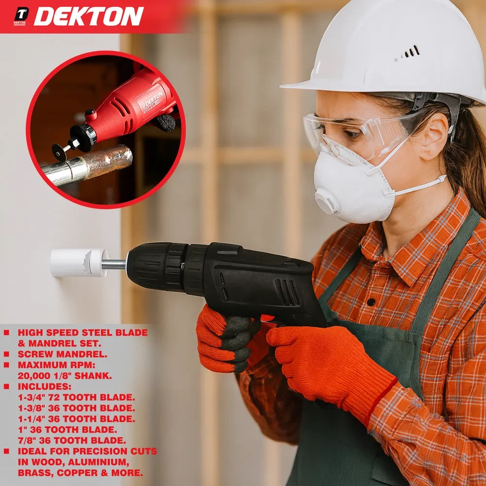 Dekton Rotary Saw Blade Kit with Mandrel Chrome Finish Pack of 6 DT80503 | High Speed Steel Blade and Mandrel | Compatible with Rotary Tools | 20000 RPM | Mini Circular Saw Blade | Rotary Tool Accessories | Saw Blade Kit | HSS Saw Blade | Cutting Disc