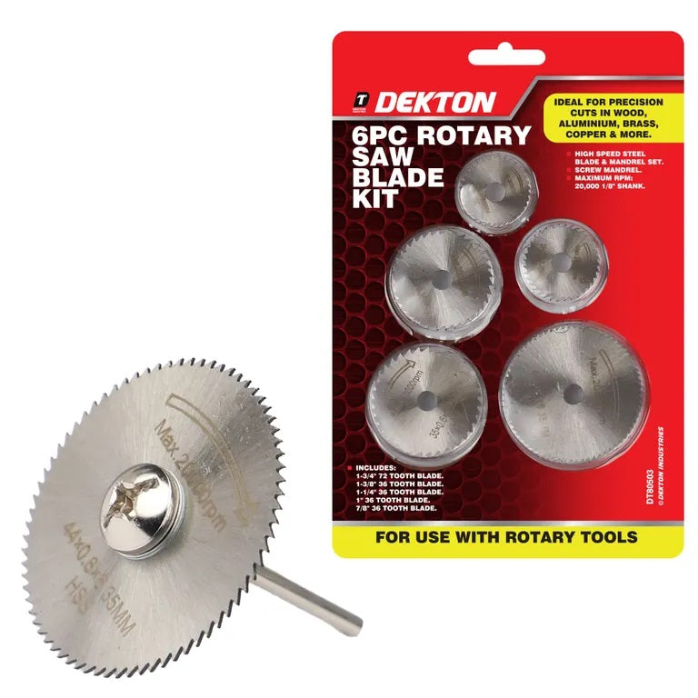 Dekton Rotary Saw Blade Kit with Mandrel Chrome Finish Pack of 6 DT80503 | High Speed Steel Blade and Mandrel | Compatible with Rotary Tools | 20000 RPM | Mini Circular Saw Blade | Rotary Tool Accessories | Saw Blade Kit | HSS Saw Blade | Cutting Disc