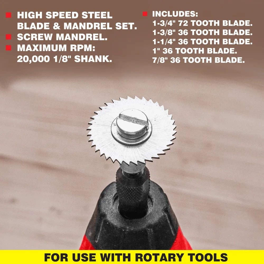 Dekton Rotary Saw Blade Kit with Mandrel Chrome Finish Pack of 6 DT80503 | High Speed Steel Blade and Mandrel | Compatible with Rotary Tools | 20000 RPM | Mini Circular Saw Blade | Rotary Tool Accessories | Saw Blade Kit | HSS Saw Blade | Cutting Disc