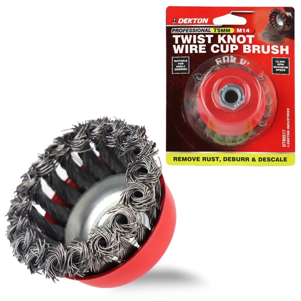 Dekton Professional Twist Knot Wire Cup Brush M14 Red 75mm DT80517 | Heavy Duty Steel Wire Brush | For Angle Grinder | Rust Paint Removal | Deburr | Descaling Tool | Maximum 12500 RPM Speed | For Prepairing Welding Seams | Metal Fabrication Tool