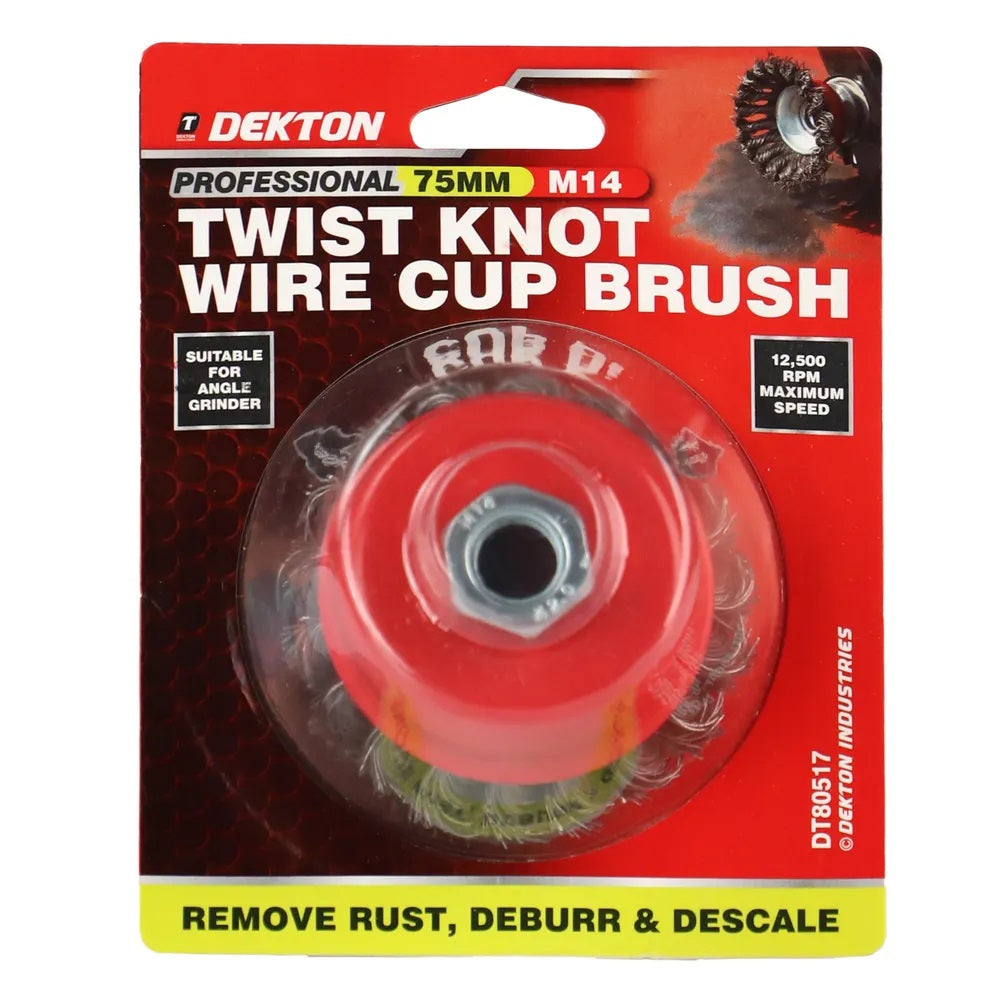 Dekton Professional Twist Knot Wire Cup Brush M14 Red 75mm DT80517 | Heavy Duty Steel Wire Brush | For Angle Grinder | Rust Paint Removal | Deburr | Descaling Tool | Maximum 12500 RPM Speed | For Prepairing Welding Seams | Metal Fabrication Tool