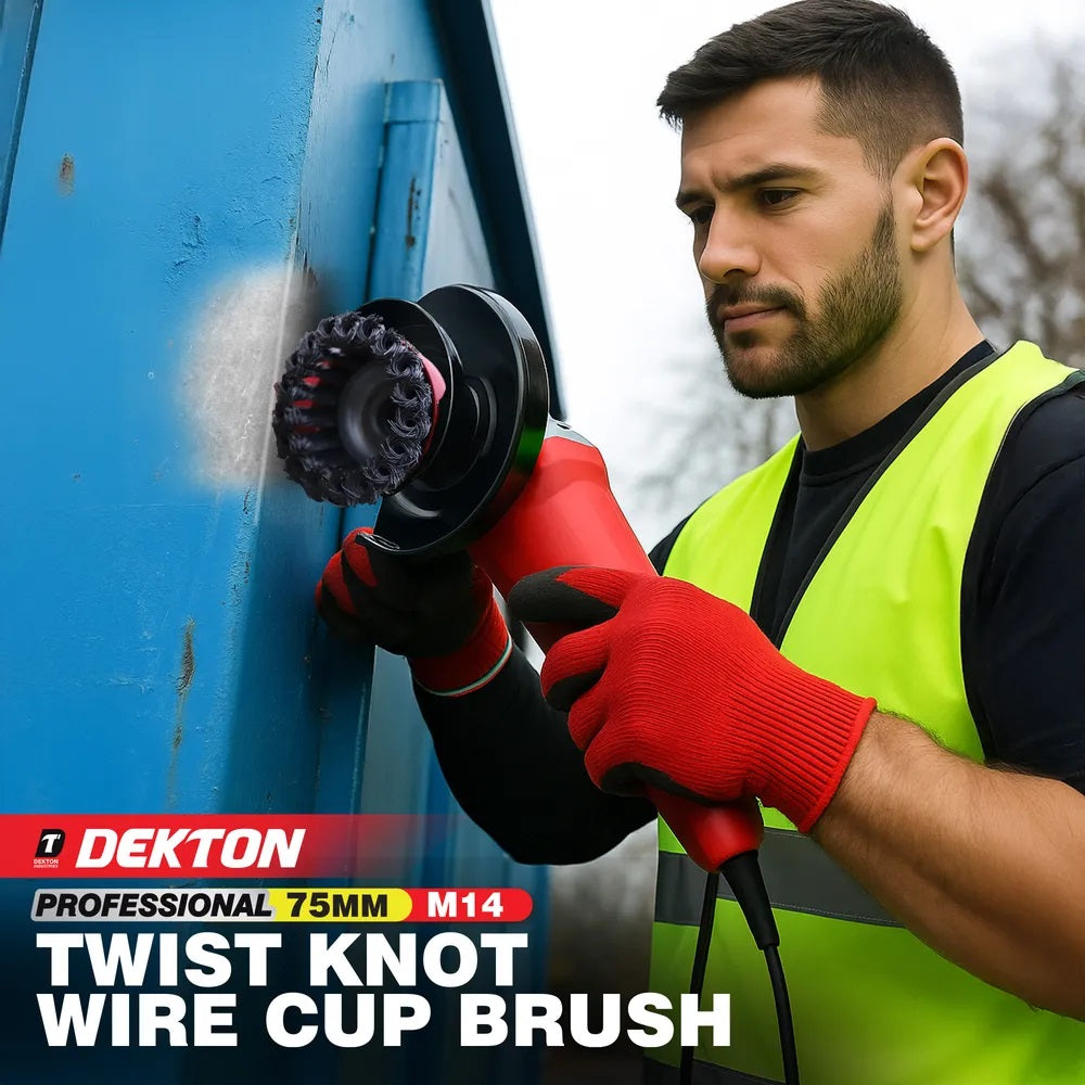 Dekton Professional Twist Knot Wire Cup Brush M14 Red 75mm DT80517 | Heavy Duty Steel Wire Brush | For Angle Grinder | Rust Paint Removal | Deburr | Descaling Tool | Maximum 12500 RPM Speed | For Prepairing Welding Seams | Metal Fabrication Tool