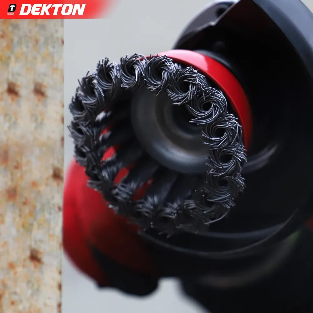 Dekton Professional Twist Knot Wire Cup Brush M14 Red 75mm DT80517 | Heavy Duty Steel Wire Brush | For Angle Grinder | Rust Paint Removal | Deburr | Descaling Tool | Maximum 12500 RPM Speed | For Prepairing Welding Seams | Metal Fabrication Tool