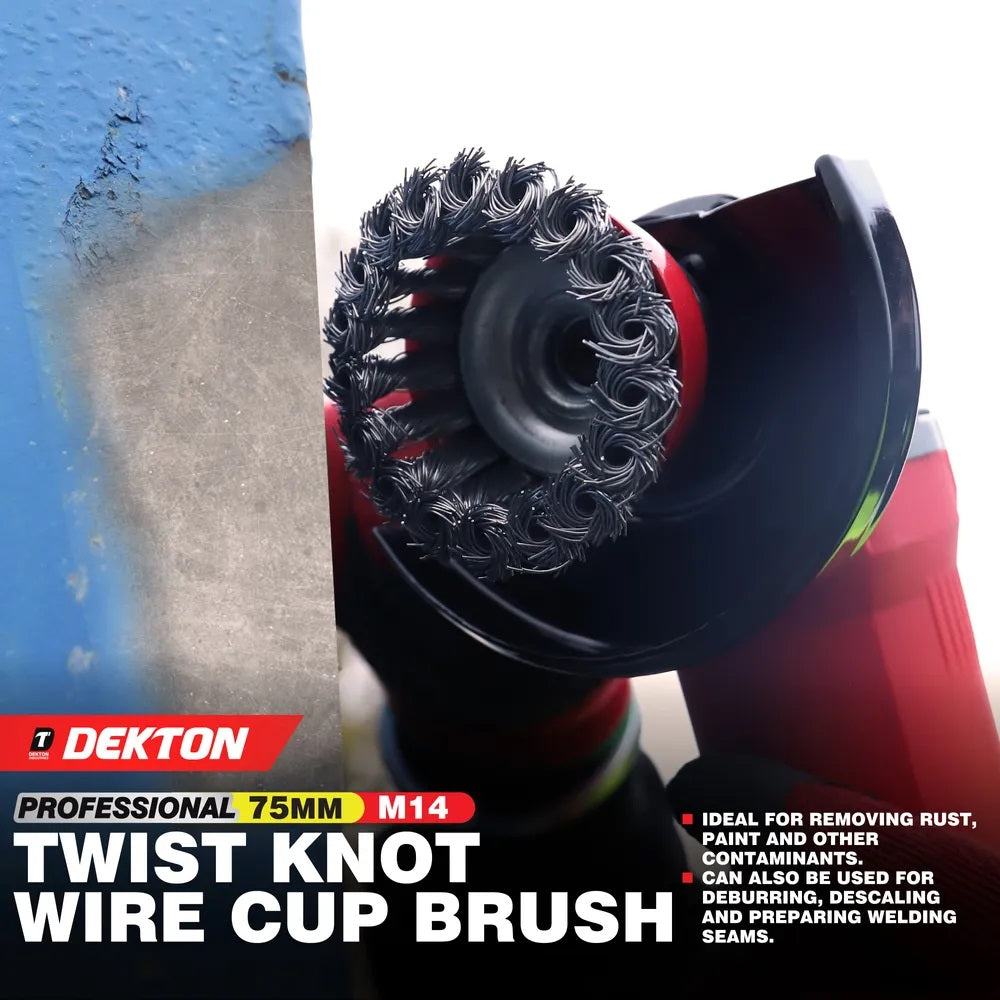 Dekton Professional Twist Knot Wire Cup Brush M14 Red 75mm DT80517 | Heavy Duty Steel Wire Brush | For Angle Grinder | Rust Paint Removal | Deburr | Descaling Tool | Maximum 12500 RPM Speed | For Prepairing Welding Seams | Metal Fabrication Tool
