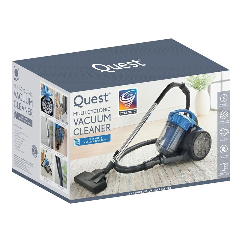 Quest Multi-Cyclonic Vacuum Cleaner Black and Blue 2.5Ltr 44909 | Powerful 750W Motor | Suitable For All Surfaces | Bagless Dust Tank | Auto Cord Rewind | Washable Sponge Filter