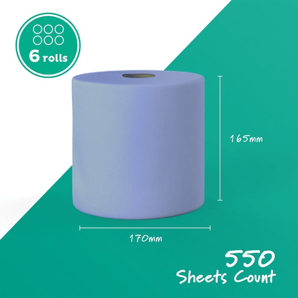 Swift Centrefeed 2 Ply Paper Rolls Blue Pack of 6 SW100 | Premium Flat Sheet | 100 Percent Recycled Tissue | Strong Absorbent | Wiping Paper | For Kitchens Workshops and Commercial Use | Recycled Paper Towels | Cleaning Paper | Multipurpose Paper Towels
