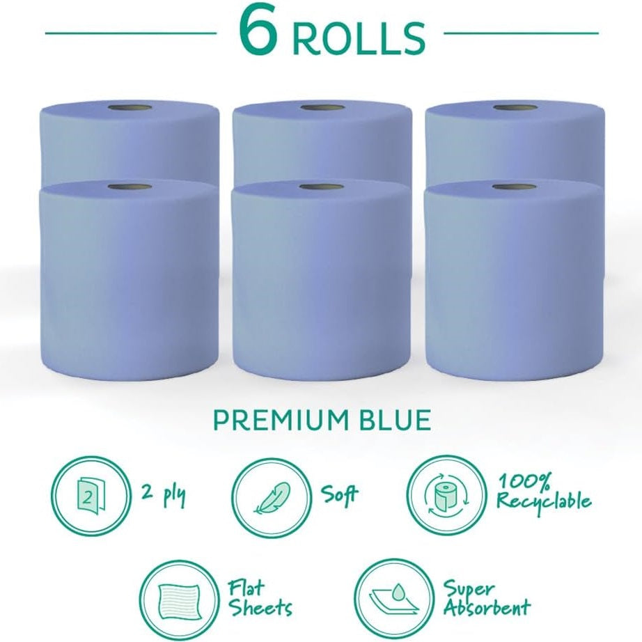 Swift Centrefeed 2 Ply Paper Rolls Blue Pack of 6 SW100 | Premium Flat Sheet | 100 Percent Recycled Tissue | Strong Absorbent | Wiping Paper | For Kitchens Workshops and Commercial Use | Recycled Paper Towels | Cleaning Paper | Multipurpose Paper Towels | Wiper Rolls | Disposable Paper Rolls