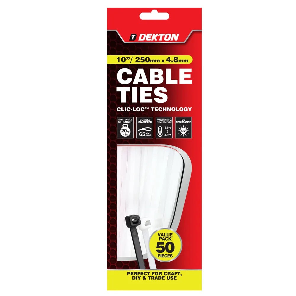 Dekton Heavy-Duty Multi Purpose Cable Ties White 250mm x 4.8mm Pack of 50 DT70465B | Clic-Loc Technology | High Tensile Strength | Temperature Resistant | Self-Locking Teeth | For Indoor and Outdoor Use | UV Resistance | Bundle Diameter 65mm | Holds Up