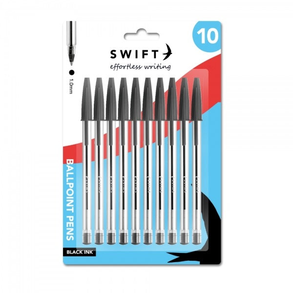 Swift Ballpoint Pens Black Pack of 10 P3098 | Pull Cap | Black Ink | 1.0mm Tip