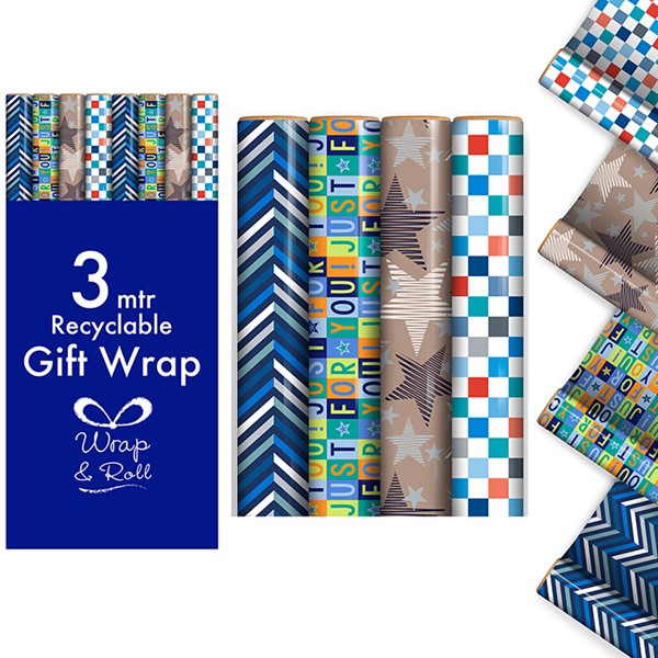 Clairefontaine Eurowrap Recyclable Male Gift Wrap Roll Assorted Colours 3Mtr x 70cm Pack of 1 37097-GWC | Eco-Friendly Wrapping Paper | FSC Certified Recycled Paper | For Birthdays-Holidays and Special Occasions | Decorative Wrap | Present Wrap | Wrapping Paper