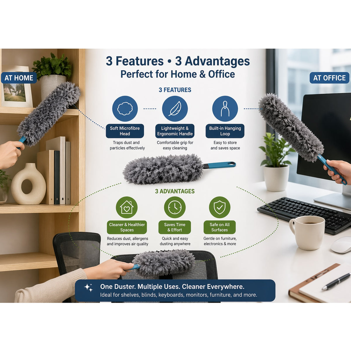 Ultra Clean Feather Duster with Soft Grip Handle Grey 52cm 314419850 | Long Microfiber Dusting Brush | Dust Cleaner Tool | Microfiber Duster | Dust Remover | Home Cleaning Supplies | Office Cleaning Tool | Car Cleaning Duster | Multi Purpose Cleaner | Cleaning Accessories