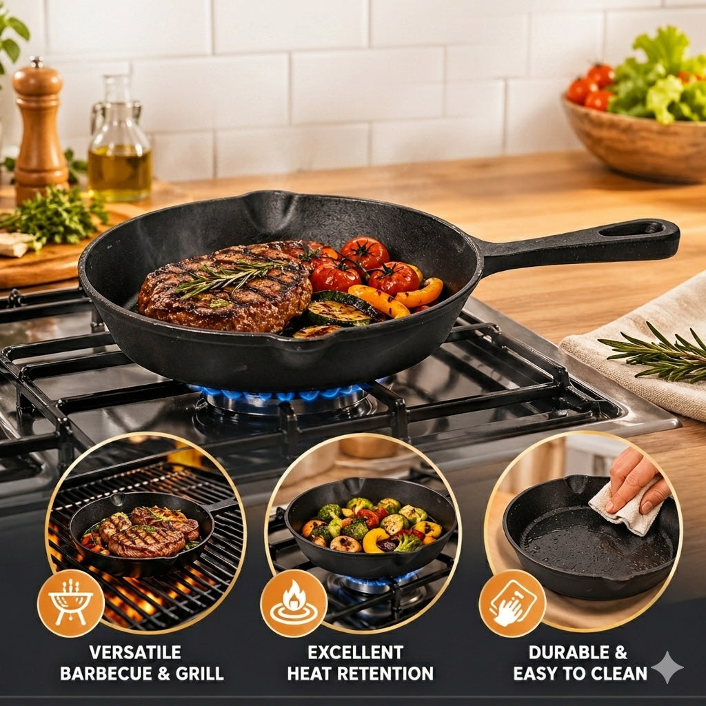 BBQ Cast Iron Grill Frying Pan Black 21cm x 4.5cm C85000320 | Heavy Duty Skillet | Even Heat Distribution | Durable Non-Stick Cooking Pan |  Ideal for Frying-Grilling and Searing | Frying Pan Skillet | Non Stick Skillet | Kitchen Cookware | Searing Pan | Steak Cooking Pan