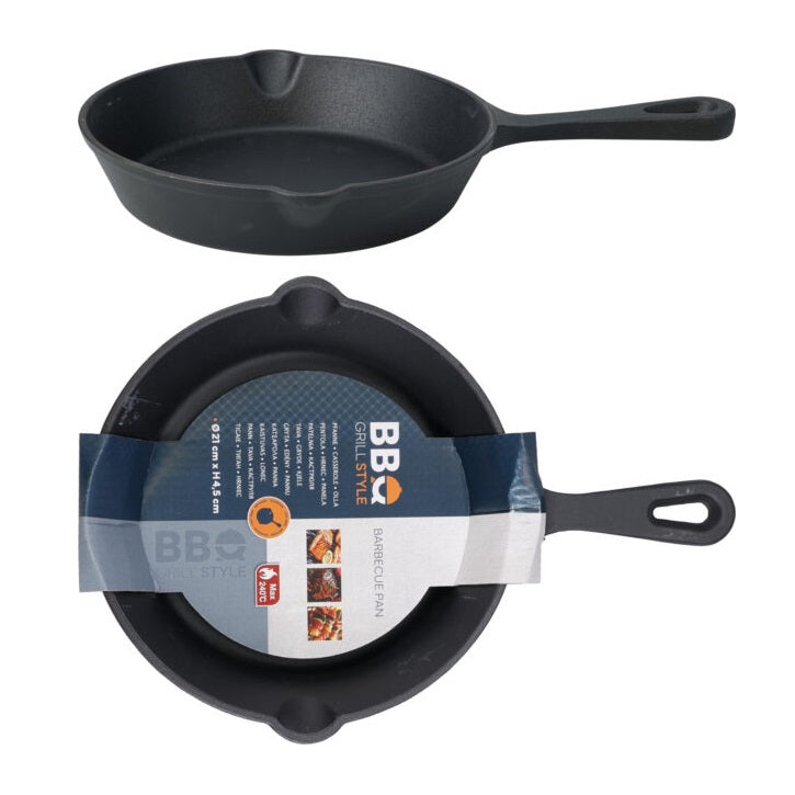 BBQ Cast Iron Grill Frying Pan Black 21cm x 4.5cm C85000320 | Heavy Duty Skillet | Even Heat Distribution | Durable Non-Stick Cooking Pan |  Ideal for Frying-Grilling and Searing | Frying Pan Skillet | Non Stick Skillet | Kitchen Cookware | Searing Pan