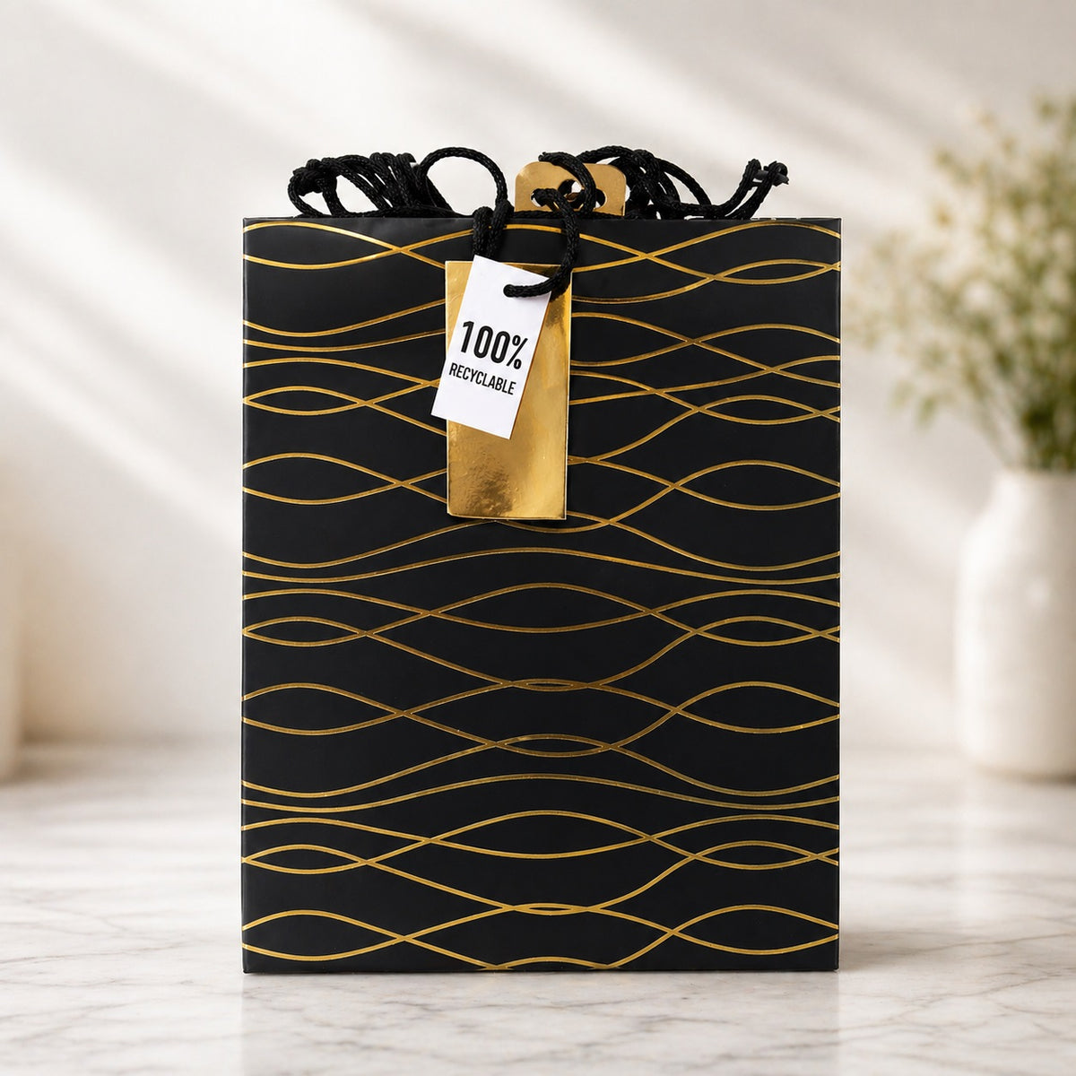 Clairefontaine Eurowrap Geo Gift Bags Black Large 26.5cm x 14cm x 33cm Pack of 6 35477-2C | Strong Paper Gift Bags | Rope Handle Carry Bags | Premium Black and Gold Design | 100 Percent Recyclable Material | Ideal for Gifts and Parties
