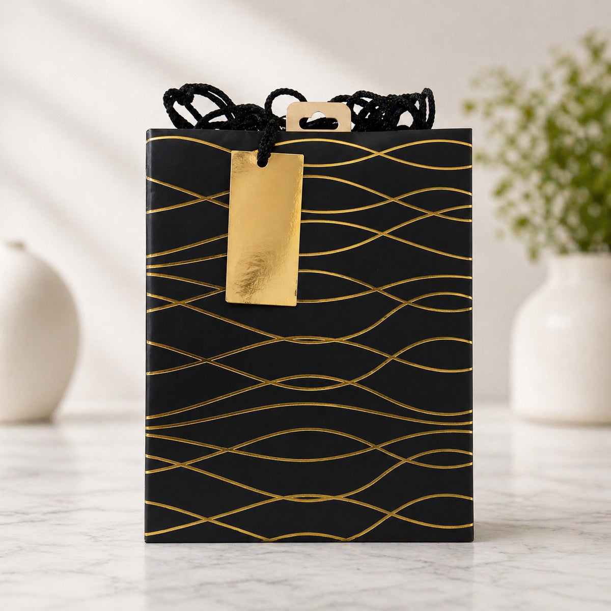 Clairefontaine Eurowrap Geo Gift Bags Black Medium 21.5cm x 10.2cm x 25.3cm Pack of 6 35477-3C | Strong Paper Gift Bags | Rope Handle Carry Bags | Premium Black and Gold Design | 100 Percent Recyclable Material | Ideal for Gifts and Parties