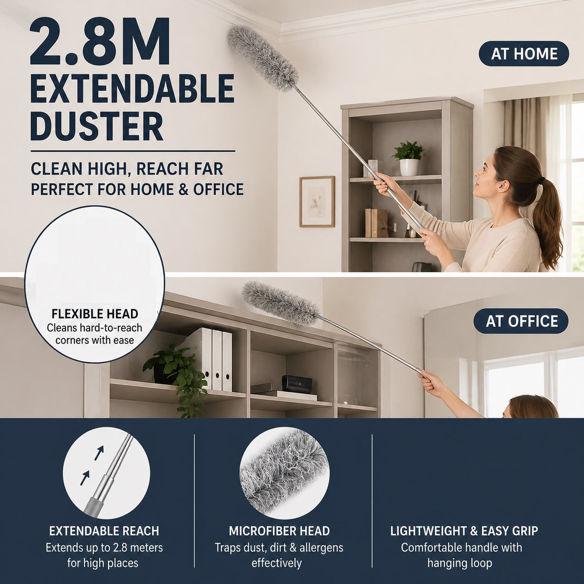 Extendable Microfiber Feather Duster with Telescopic Long Handle Grey 2.8Mtr AG050B | Cleaning Brush | Flexible Head | For High Ceiling Fans | Shelves and Corners | Home and Office Cleaning Tool | Dust Cleaning Tool | Home Cleaning Supplies | Household Cleaning Accessories