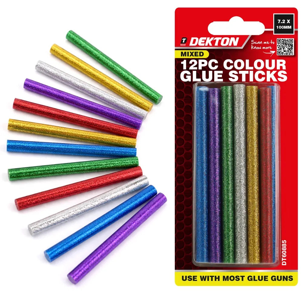 Dekton Colour Glitter Glue Sticks Multicolour 7.2mm x 100mm Pack of 12 DT60885 | Mixed Colours | Hot Melt Adhesive for Glue Guns | Craft DIY Art Supplies | Strong Bond | Multi Purpose Sticks | Quick Drying | For Metal | Plastic | Fabric | Wood and More | Versatile Glue Sticks