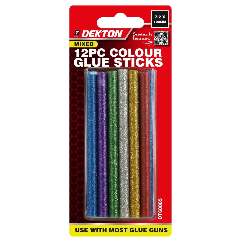 Dekton Colour Glitter Glue Sticks Multicolour 7.2mm x 100mm Pack of 12 DT60885 | Mixed Colours | Hot Melt Adhesive for Glue Guns | Craft DIY Art Supplies | Strong Bond | Multi Purpose Sticks | Quick Drying | For Metal | Plastic | Fabric | Wood and More