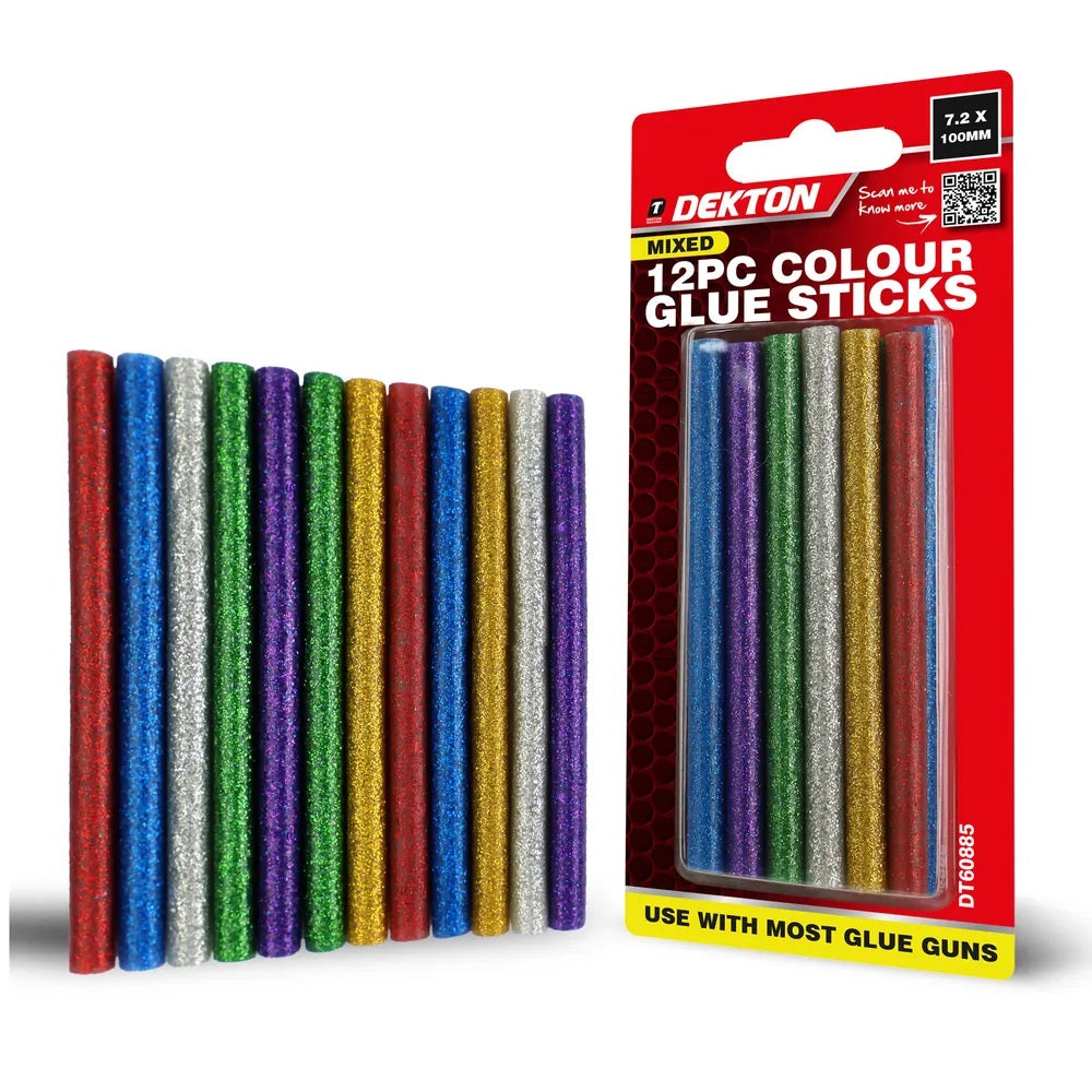 Dekton Colour Glitter Glue Sticks Multicolour 7.2mm x 100mm Pack of 12 DT60885 | Mixed Colours | Hot Melt Adhesive for Glue Guns | Craft DIY Art Supplies | Strong Bond | Multi Purpose Sticks | Quick Drying | For Metal | Plastic | Fabric | Wood and More