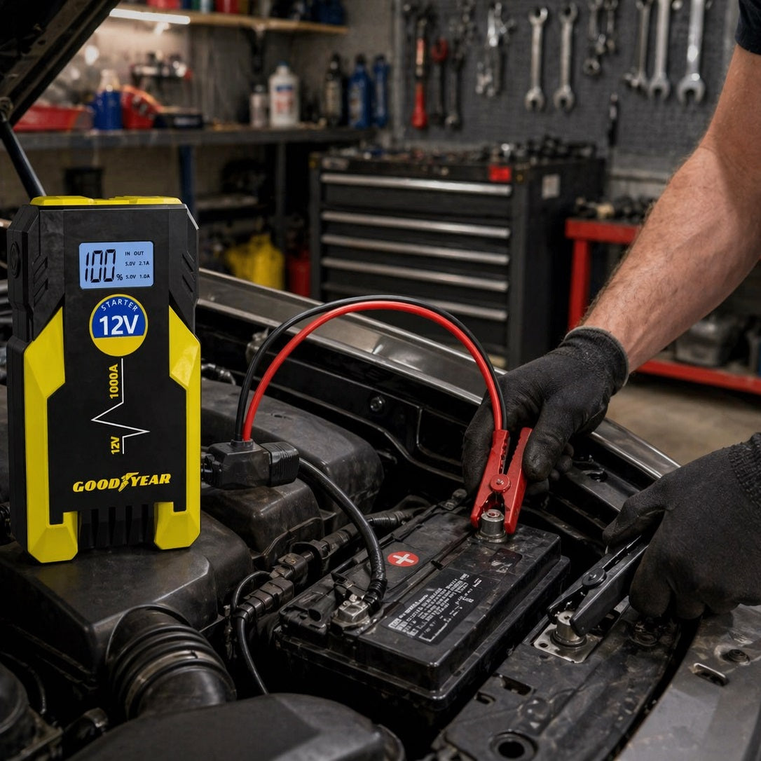 Goodyear 12V Lithium Jump Starter Black and Yellow 901038 | 1000A | USB Rechargeable | Car Battery Booster Pack | Portable Power Bank with LED Light | Low Voltage Protection | Carry Case and Cables Included | For Petrol and Diesel Vehicles | High Voltage Protection | Short Circuit Protection