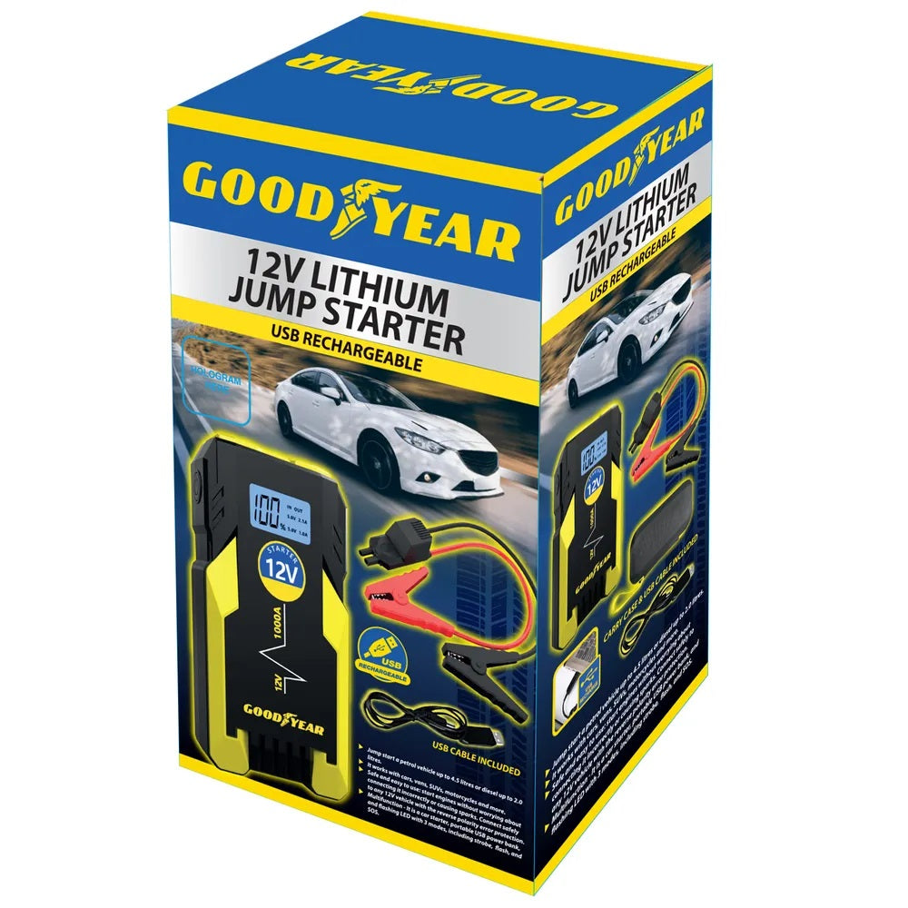 Goodyear 12V Lithium Jump Starter Black and Yellow 901038 | 1000A | USB Rechargeable | Car Battery Booster Pack | Portable Power Bank with LED Light | Low Voltage Protection | Carry Case and Cables Included | For Petrol and Diesel Vehicles | High Voltage