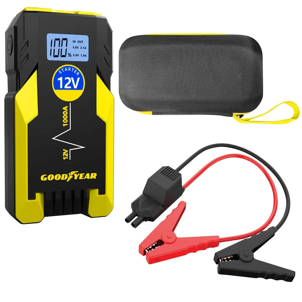 Goodyear 12V Lithium Jump Starter Black and Yellow 901038 | 1000A | USB Rechargeable | Car Battery Booster Pack | Portable Power Bank with LED Light | Low Voltage Protection | Carry Case and Cables Included | For Petrol and Diesel Vehicles | High Voltage
