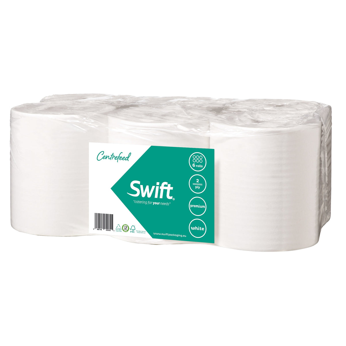 Swift Centrefeed 2 Ply Paper Rolls White Pack of 6 SW101 | Premium Flat Sheet | 100 Percent Recycled Tissue | Strong Absorbent | Wiping Paper | For Kitchens Workshops and Commercial Use | Recycled Paper Towels | Cleaning Paper | Multipurpose Paper Towels