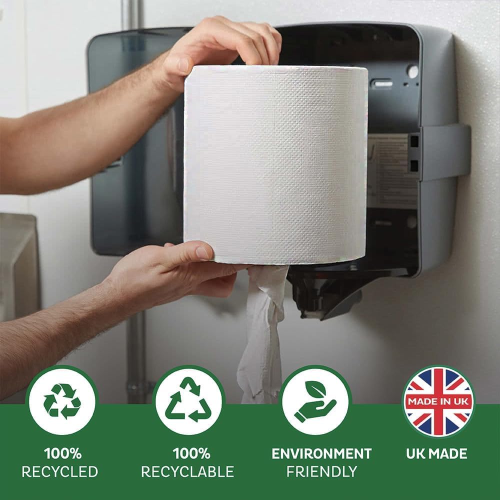 Swift Centrefeed 2 Ply Paper Rolls White Pack of 6 SW101 | Premium Flat Sheet | 100 Percent Recycled Tissue | Strong Absorbent | Wiping Paper | For Kitchens Workshops and Commercial Use | Recycled Paper Towels | Cleaning Paper | Multipurpose Paper Towels
