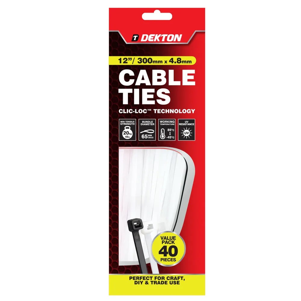 Dekton Heavy-Duty Multi Purpose Cable Ties White 300mm x 4.8mm Pack of 40 DT70470B | Clic-Loc Technology | High Tensile Strength | Temperature Resistant | Self-Locking Teeth | For Indoor and Outdoor Use | UV Resistance | Bundle Diameter 85mm | Holds Up