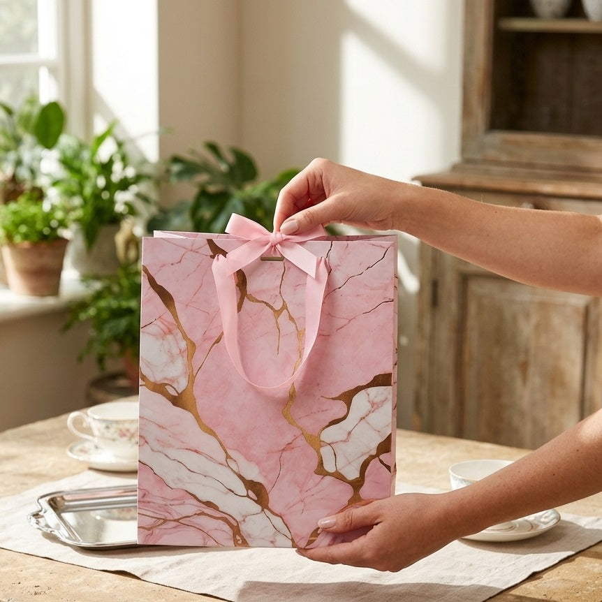Clairefontaine Eurowrap Marble Gift Bag Pink Large 26.5cm x 14cm x 33cm Pack of 6 36971-2C | Strong Paper Gift Bags | 100 Percent Recyclable Material | Ideal for Gifts and Parties