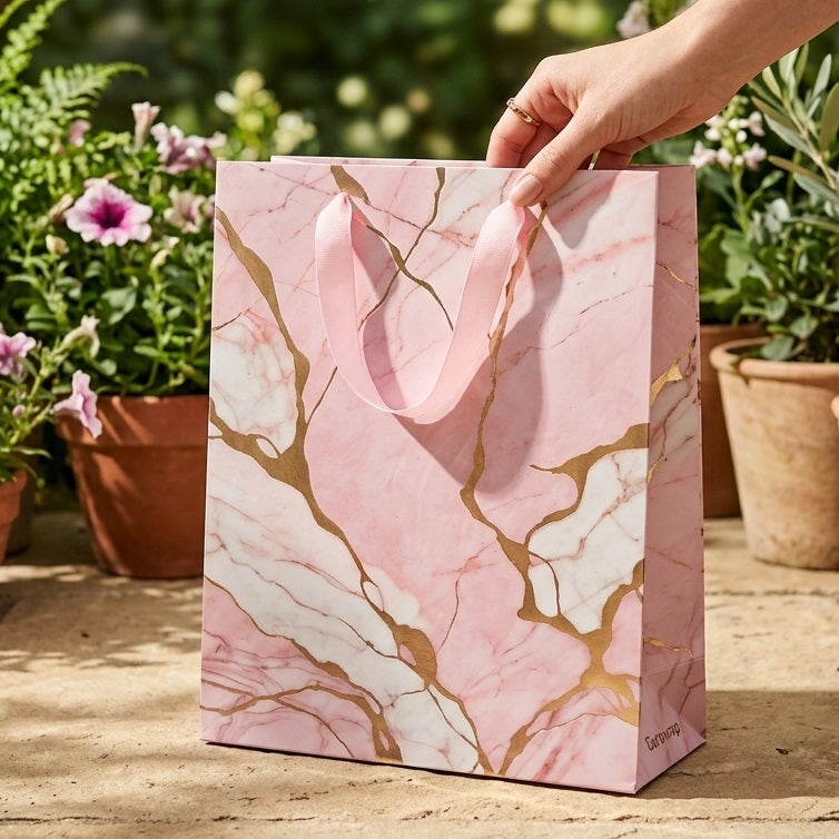 Clairefontaine Eurowrap Marble Gift Bag Pink Medium 21.5cm x 10.2cm x 25.3cm Pack of 6 36971-3C | Strong Paper Gift Bags | 100 Percent Recyclable Material | Ideal for Gifts and Parties