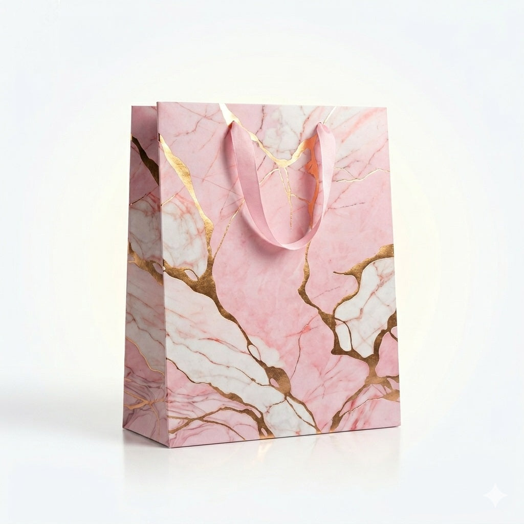 Clairefontaine Eurowrap Marble Gift Bag Pink Medium 21.5cm x 10.2cm x 25.3cm Pack of 6 36971-3C | Strong Paper Gift Bags | 100 Percent Recyclable Material | Ideal for Gifts and Parties