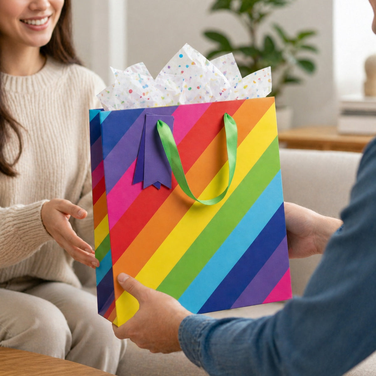 Clairefontaine Eurowrap Rainbow Stripe Gift Bag Multicoloured Medium 215mm x 253mm x 102mm Pack of 6 37007-3C | Strong Paper Gift Bags | 100 Percent Recyclable Material | Ideal for Gifts and Parties