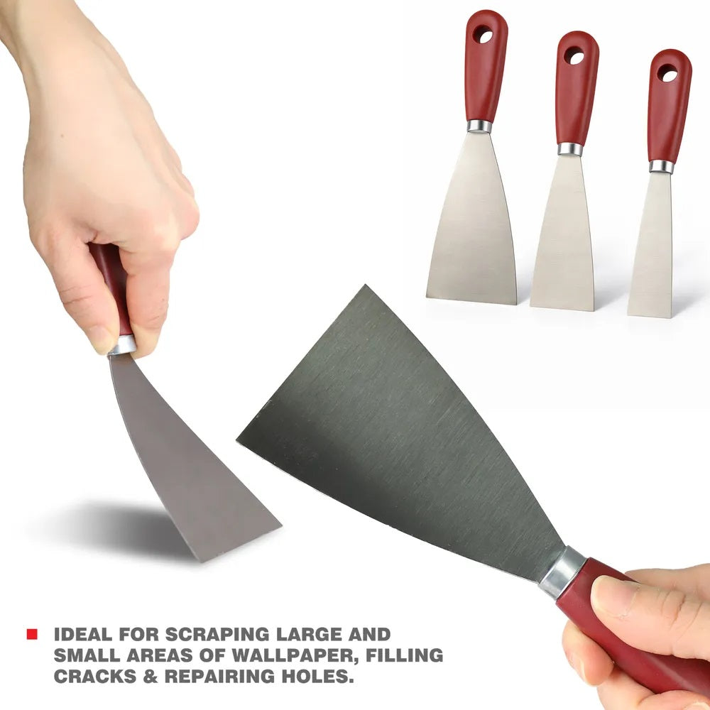 Dekton Heavy Duty Stainless Steel Scrapers Maroon Pack of 3 DT95797 | Set of 1-Inch | 2-Inch and 3-Inch | Multipurpose Tools | Ergonomic Wooden Handles | Paint Scraper | Wallpaper Scrapers | Filling Cracks | Repairing Holes Tool Set | Plaster Scraper | DIY Repair Tools | Decorating Tools | For Scraping Large and Small Areas