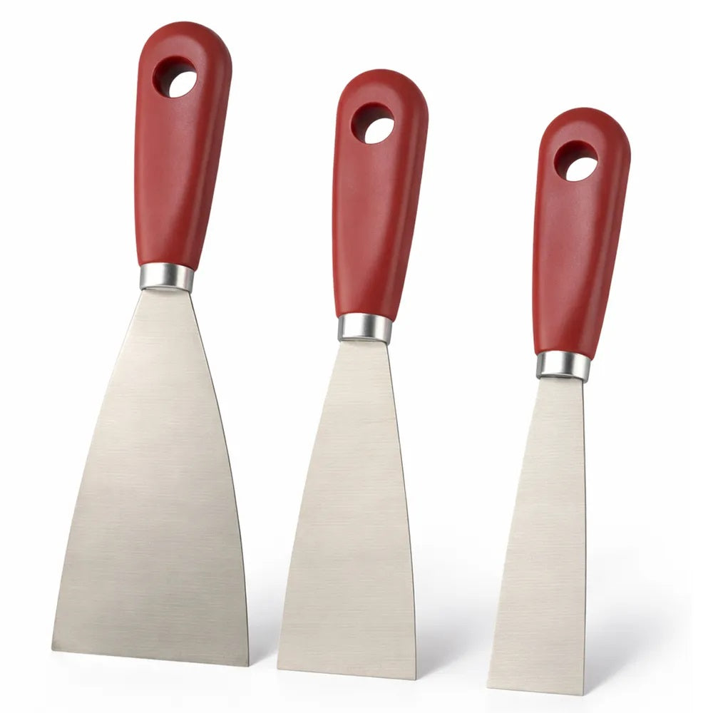 Dekton Heavy Duty Stainless Steel Scrapers Maroon Pack of 3 DT95797 | Set of 1-Inch | 2-Inch and 3-Inch | Multipurpose Tools | Ergonomic Wooden Handles | Paint Scraper | Wallpaper Scrapers | Filling Cracks | Repairing Holes Tool Set | Plaster Scraper