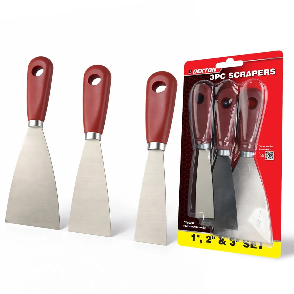 Dekton Heavy Duty Stainless Steel Scrapers Maroon Pack of 3 DT95797 | Set of 1-Inch | 2-Inch and 3-Inch | Multipurpose Tools | Ergonomic Wooden Handles | Paint Scraper | Wallpaper Scrapers | Filling Cracks | Repairing Holes Tool Set | Plaster Scraper