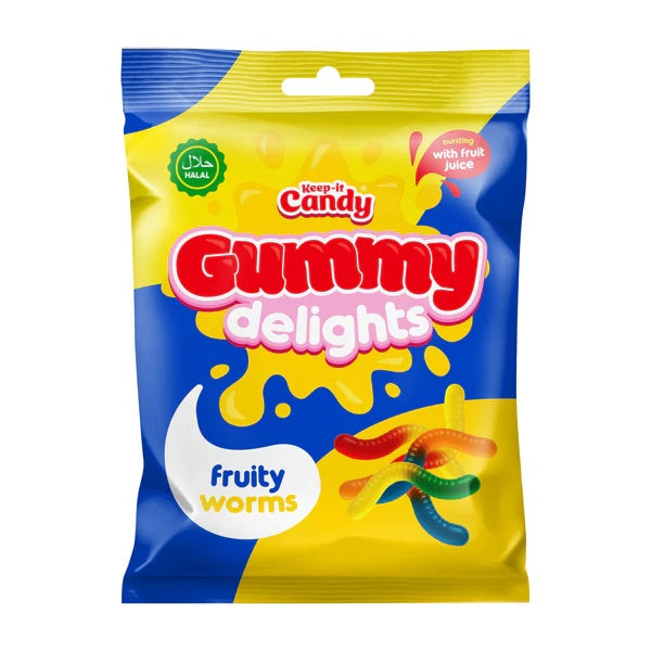 Keep It Candy Gummy Delights Fruity Worms Assorted Colours 160g 201260 | Soft Chewy Jelly Sweets | Bursting Fruit Juice Flavour | Colourful Gummy Worms Treat Bag | Fruit Flavour Gummy Shapes | Jelly Sweets | Chewy Candy | Halal Candy | Soft Candy | Sweet