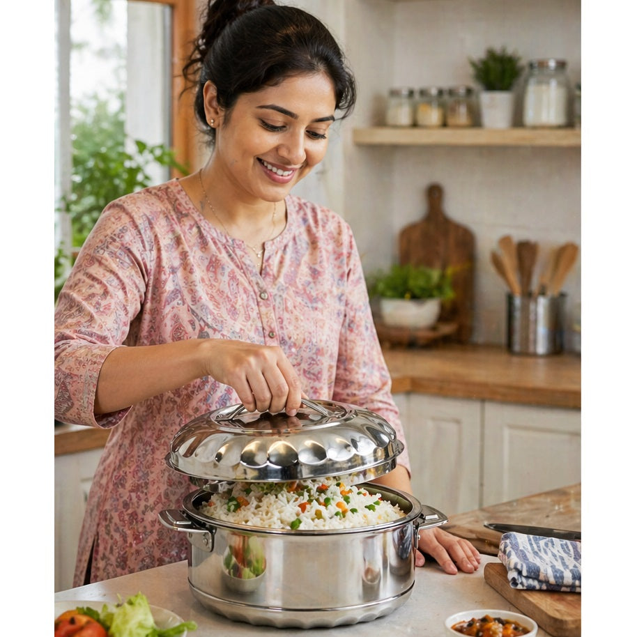Max Fresh Solitare Stainless Steel Insulated Hot Pot with Unique Locking System Chrome Finish 5000ml RL5000 | For Hot and Cold Food Storage | Double Wall Thermal Casserole | Food Warmer | Meal Storage | Household Kitchenware