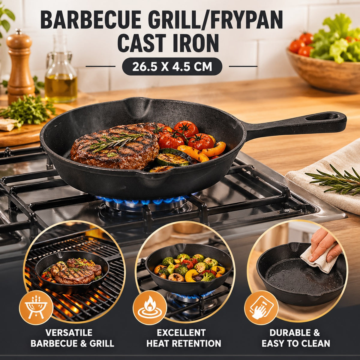 BBQ Cast Iron Grill Frying Pan Black 26.5cm x 4.5cm C85000330 | Heavy Duty Skillet | Even Heat Distribution | Durable Non-Stick Cooking Pan |  Ideal for Frying-Grilling and Searing | Frying Pan Skillet | Non Stick Skillet | Kitchen Cookware | Searing Pan | Steak Cooking Pan